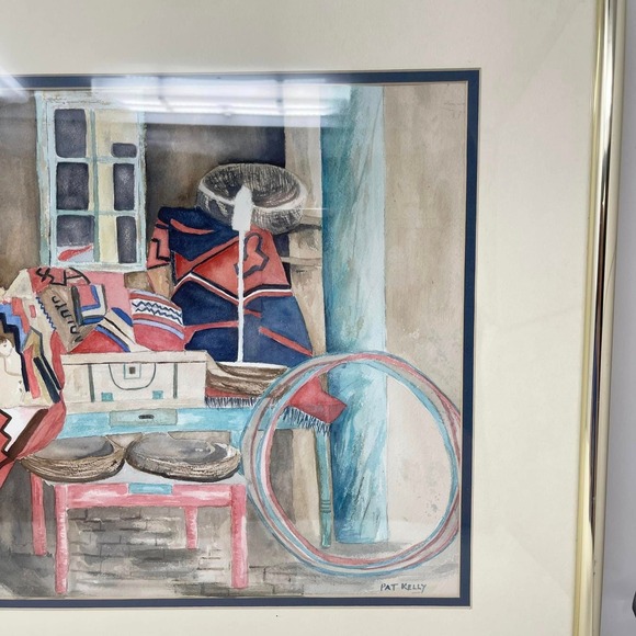 Vintage Framed Art Southwest Navajo Blanket Watercolor Painting Signed Pat Kelly - Picture 6 of 10